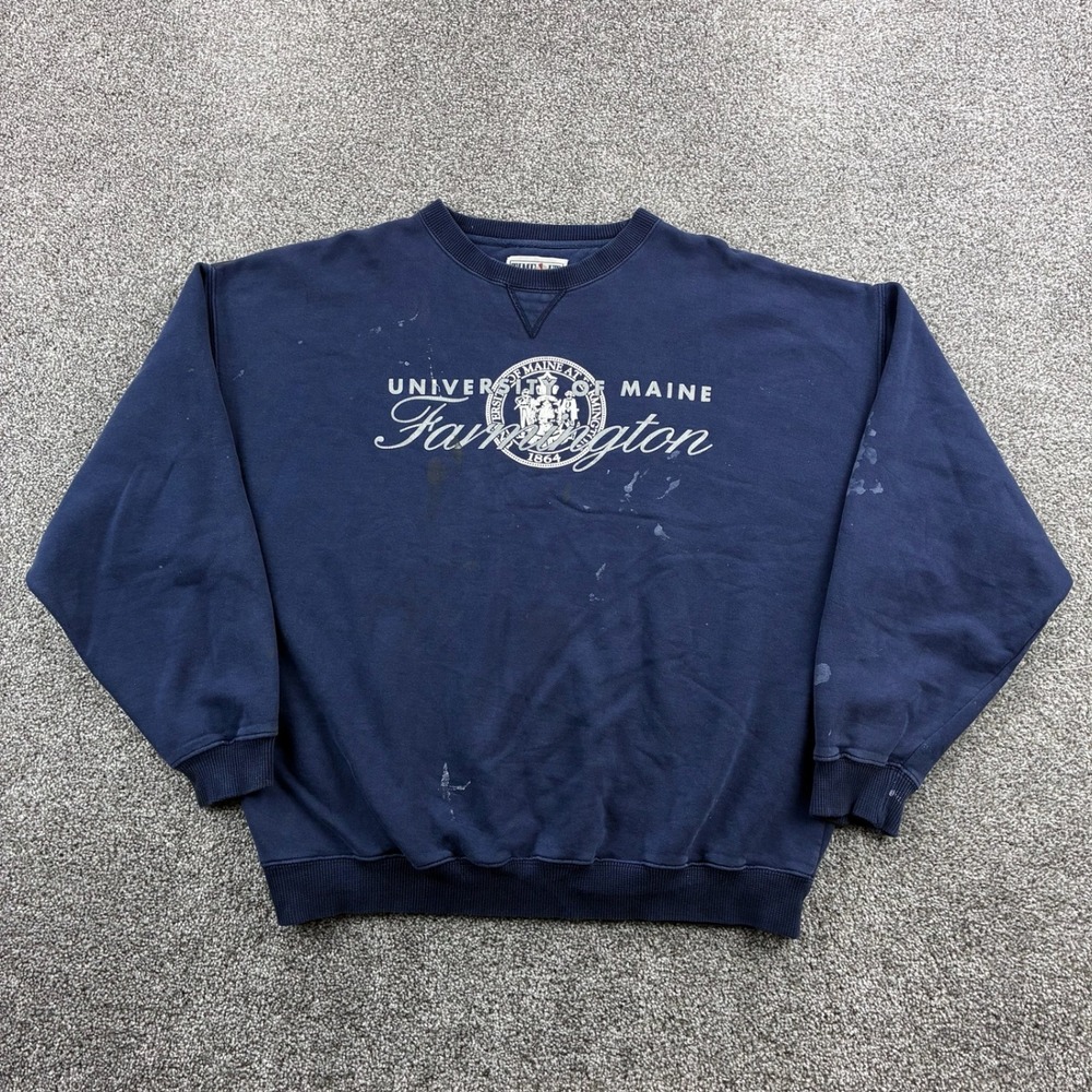 Vintage University of Maine Farmington Sweatshirt Men XL Navy Blue Distressed